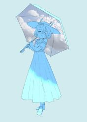Rule 34 | 1girl, cloud, dress, closed eyes, hat, hat feather, highres, holding, holding umbrella, kaban (kemono friends), kemono friends, open mouth, slippers, smile, umbrella, yakko picture