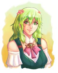 Rule 34 | 1girl, absurdres, alternate costume, bare shoulders, bow, bowtie, breasts, byleth (female) (fire emblem), byleth (fire emblem), fire emblem, fire emblem: three houses, flower, green eyes, green hair, hair flower, hair ornament, highres, long hair, looking at viewer, medium breasts, nintendo, off-shoulder shirt, off shoulder, pink bow, pink bowtie, pink flower, shirt, smile, solo, tartarbox, upper body, white shirt