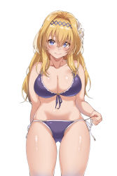 Rule 34 | 1girl, bikini, blonde hair, blue eyes, blush, breasts, cameltoe, cleavage, closed mouth, collarbone, drawstring, flower, front-tie bikini top, front-tie top, gluteal fold, granblue fantasy, hair between eyes, hair flower, hair intakes, hair ornament, hairband, highres, jeanne d&#039;arc (granblue fantasy), large breasts, lily (flower), long hair, looking at viewer, navel, purple bikini, simple background, solo, spicy moo, sweatdrop, swimsuit, white background, white flower