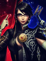 Rule 34 | 1girl, alternate hair length, alternate hairstyle, bayonetta, bayonetta (series), bayonetta 2, bellhenge, black-framed eyewear, black hair, blue eyes, bodysuit, breasts, buckle, candy, card, chain, clock, crescent, crescent earrings, earrings, female focus, food, gem, glasses, gloves, gun, handgun, highres, holding, index finger raised, jewelry, large breasts, light smile, lips, lipstick, lollipop, long hair, looking at viewer, makeup, md5 mismatch, mole, mole under mouth, nose, outline, playing card, resized, resolution mismatch, short hair, smile, solo, source smaller, split theme, swept bangs, upper body, upscaled, variations, very long hair, weapon, white gloves