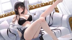 Rule 34 | 1girl, ame 816, arm behind head, arm up, armpits, ass, bare legs, bare shoulders, barefoot, black bra, black hair, black panties, black skirt, bra, breasts, cleavage, closed mouth, collarbone, commission, couch, dutch angle, halterneck, highres, knees up, lace, lace-trimmed bra, lace trim, large breasts, leg up, long hair, long sleeves, looking at viewer, miniskirt, off shoulder, open clothes, open shirt, original, panties, pencil skirt, pillow, red eyes, second-party source, shirt, sitting, skirt, smile, solo, stomach, string bra, thighs, underwear, very long hair, white shirt