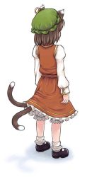 Rule 34 | 1girl, animal ears, back, brown hair, cat ears, cat girl, cat tail, chen, female focus, from behind, full body, hat, kouotsu, multiple tails, short hair, solo, tail, touhou, white background