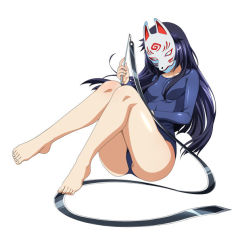 Rule 34 | 1girl, ashiya douman (ikkitousen), ass, bare legs, barefoot, blue leotard, breasts, curvy, fox mask, full body, holding, holding weapon, huge ass, ikkitousen, leotard, long hair, looking at viewer, mask, official art, ribbon, shiny clothes, shiny skin, simple background, small breasts, toes, very long hair, weapon, white background, wide hips