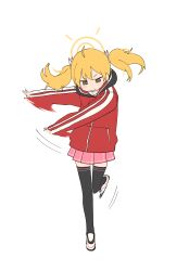 Rule 34 | 1girl, absurdres, black thighhighs, blonde hair, blue archive, blush, brown eyes, hair ribbon, halo, highres, hood, hood down, hooded jacket, jacket, luke (dydansgur), miniskirt, motion lines, outstretched arm, pink skirt, red jacket, ribbon, shoes, simple background, skirt, sneakers, solo, standing, standing on one leg, thighhighs, track jacket, twintails, yoshimi (blue archive), zettai ryouiki