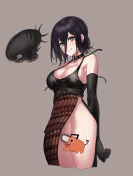 Rule 34 | 1girl, alternate form, armpits, bare shoulders, beruko14, black dress, black gloves, blush, bomb devil (chainsaw man), breasts, censored, chainsaw man, choker, cleavage, dress, dynamite, explosive, eyelashes, gloves, green eyes, grenade pin, hair between eyes, hair tied, hair tied back, highres, large breasts, long hair, ponytail, purple hair, reze (chainsaw man), shirt, sideboob, skirt, smile, solo, tight clothes, tight shirt