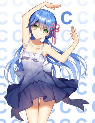 Rule 34 | 1girl, :o, absurdres, bison cangshu, blue hair, body writing, camisole, character request, cowboy shot, green eyes, hair ribbon, highres, long hair, looking at viewer, low twintails, ribbon, skirt, solo, spaghetti strap, text background, thigh gap, twintails, very long hair, warship girls r