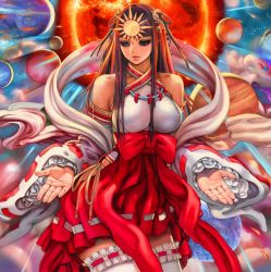 Rule 34 | 1girl, bare shoulders, breasts, hair ornament, hime cut, japanese clothes, jewelry, large breasts, long hair, md5 mismatch, planet, resized, solo, sun, sunburst, thighs, yasuda akira