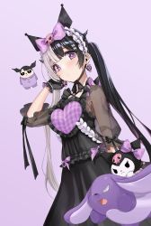 Rule 34 | 1girl, absurdres, black dress, black gloves, black hair, blush, bow, bright pupils, chungu, closed mouth, commentary, creature, dress, dutch angle, earrings, gloves, hair bow, hair ornament, hand in own hair, highres, jewelry, kuromi, long dress, long hair, looking at viewer, multicolored hair, onegai my melody, original, purple background, purple bow, purple eyes, purple theme, sanrio, see-through, see-through sleeves, simple background, skull earrings, skull hair ornament, solo, split-color hair, symbol-only commentary, twintails, two-tone hair, white hair, yami kawaii