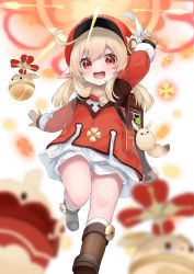Rule 34 | 1girl, :d, arm up, blonde hair, blurry, blurry background, blush, boots, brown footwear, brown gloves, commentary request, depth of field, dress, explosion, flat cap, genshin impact, gloves, hair between eyes, hashiko nowoto, hat, highres, klee (genshin impact), knee boots, kneehighs, long hair, long sleeves, looking at viewer, low twintails, open mouth, pointy ears, red dress, red eyes, red hat, ribbed legwear, short shorts, shorts, shorts under dress, smile, socks, solo, standing, standing on one leg, twintails, white background, white shorts, white socks