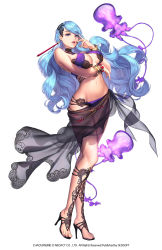 Rule 34 | 1girl, bikini, blue eyes, blue hair, bracelet, breasts, chaos online, choker, cleavage, company name, copyright name, earrings, fingernails, full body, high heels, highres, jewelry, long hair, long legs, love cacao, matching hair/eyes, navel, official art, parted lips, purple bikini, reina (chaos heroes online), reina (chaos online), sandals, see-through, simple background, solo, standing, swimsuit, white background