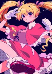 Rule 34 | 1girl, biscuit krueger, black background, blonde hair, blush, bobby socks, capelet, dress, drill hair, frills, gloves, hair ribbon, highres, hunter x hunter, lolita fashion, long hair, looking at viewer, mary janes, pink eyes, red capelet, red dress, ribbon, sanamaru (sana79261827), shoes, simple background, socks, solo, twintails, white gloves