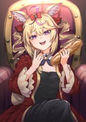 Rule 34 | 1girl, alternate costume, alternate hairstyle, animal ears, artist request, baguette, blonde hair, bread, breasts, food, heart, heart-shaped pupils, highres, hololive, looking down, medium breasts, nails, omaru polka, open mouth, pink eyes, sitting, smile, symbol-shaped pupils, throne, upper body, virtual youtuber