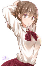 Rule 34 | 1girl, arms up, blush, bow, bowtie, breasts, brown eyes, brown hair, bunching hair, closed mouth, collared shirt, commentary request, hair between eyes, hair tie, high ponytail, long hair, looking at viewer, medium breasts, mouth hold, neck ribbon, original, plaid, plaid clothes, plaid neckwear, plaid skirt, ponytail, ragho no erika, red neckwear, red skirt, ribbon, school uniform, shirt, shirt tucked in, sidelocks, signature, simple background, skirt, solo, white background, white shirt