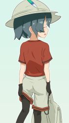 Rule 34 | 10s, 1girl, absurdres, adjusting clothes, backpack, bag, black hair, closed eyes, feathers, from behind, gloves, hat, hat feather, highres, kaban (kemono friends), kemono friends, pantyhose, sat-c, shirt, shorts, simple background, smile