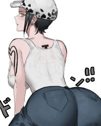 Rule 34 | 1girl, ass, ass focus, black hair, breasts, denim, earrings, expressionless, from behind, fur hat, genderswap, genderswap (mtf), hat, highres, jeans, jewelry, large breasts, looking back, moray of bone, one piece, pants, shade, short hair, shoulder tattoo, solo, sound effects, tank top, tattoo, trafalgar law, white background, white tank top, yellow eyes