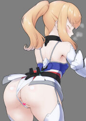 Rule 34 | 1girl, alice gear aegis, anus, ass, bare shoulders, blonde hair, blush, breasts, highleg, highleg leotard, highres, leotard, long hair, looking at viewer, multicolored leotard, noelle francesca, ponytail, sidelocks, small breasts, solo, takayama chihiro, thighhighs, white background, white leotard, white thighhighs