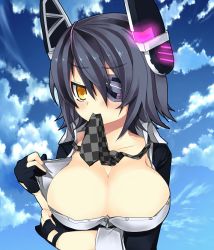 Rule 34 | 10s, 1girl, bad id, bad pixiv id, black hair, blush, breasts, cleavage, clothes pull, eyepatch, fingerless gloves, gloves, headgear, kantai collection, kanten (kanguria), large breasts, mouth hold, necktie, personification, shirt pull, short hair, solo, tenryuu (kancolle), yellow eyes