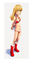 Rule 34 | 1girl, bikini, blonde hair, blush, boots, breasts, christmas, christmas present, closed mouth, full body, gift, glasses, highres, looking at viewer, navel, perrine h. clostermann, santa bikini, shiri chin, short hair, simple background, small breasts, smile, solo, strike witches, swimsuit, white background, world witches series, yellow eyes