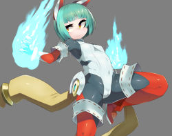 Rule 34 | 1girl, animal ears, aqua hair, blue fire, bodysuit, breasts, cameltoe, claws, fire, fox ears, gears, grey background, japanese clothes, kometsubu, miko, navel, original, short eyebrows, short hair, simple background, skin tight, small breasts, smile, solo, yellow eyes