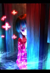 Rule 34 | 1girl, black hair, bug, butterfly, fatal frame, fatal frame 2, fog, ghost, hiding, highres, bug, japanese clothes, kimono, letterboxed, peaking out, peeking out, poltergeist, purple eyes, red eyes, ryosios, short hair, solo, spirit, tachibana chitose, worried