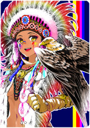 Rule 34 | 1girl, 2017, :d, animal, bad id, bad pixiv id, bird, black hair, blue background, breasts, brown gloves, dark skin, dark-skinned female, eagle, facepaint, feathers, fur trim, gloves, hand up, headdress, jewelry, kashi-k, looking at viewer, native american, native american headdress, navel, necklace, nengajou, new year, open mouth, original, small breasts, smile, solo, talons, underboob, upper body, yellow eyes