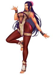 Rule 34 | 1girl, absurdres, bare shoulders, breasts, closed mouth, clothing cutout, earrings, flower, gloves, hair flower, hair ornament, highres, jewelry, ktovhinao, lipstick, long hair, luong, makeup, mole, mole under eye, nail polish, purple eyes, red lips, solo, the king of fighters, the king of fighters xv, underboob cutout, white background