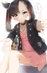 Rule 34 | 1girl, :o, asymmetrical bangs, black choker, black hair, black jacket, blue eyes, blush, choker, commentary request, creatures (company), dress, earrings, game freak, gen 8 pokemon, hair ribbon, highres, jacket, jewelry, long hair, long sleeves, looking at viewer, marnie (pokemon), morpeko, morpeko (full), nintendo, nose blush, open clothes, open jacket, open mouth, outstretched arms, parted lips, pentagon (railgun ky1206), pink dress, pokemon, pokemon (creature), pokemon swsh, red ribbon, ribbon, sitting, teeth, translation request, twintails, upper teeth only, white background