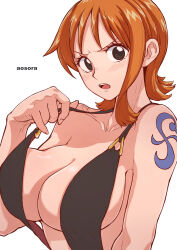 Rule 34 | 1girl, aosora2823, artist name, black dress, black eyes, blush, breasts, collarbone, dress, fingernails, highres, large breasts, looking at viewer, nami (one piece), one piece, open mouth, orange hair, short hair, shoulder tattoo, simple background, slingshot dress, solo, tattoo, teeth, upper body, upper teeth only, white background