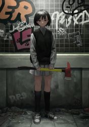 Rule 34 | 1girl, absurdres, axe, black footwear, black hair, black socks, brown eyes, can, closed mouth, collared shirt, converse, dress shirt, expressionless, fire axe, full body, graffiti, grey shirt, grey skirt, highres, holding, holding axe, indoors, kneehighs, long sleeves, looking at viewer, original, pleated skirt, sara manta, shirt, shoes, short hair, skirt, sleeves past wrists, sneakers, socks, solo, standing, sweater vest, vest
