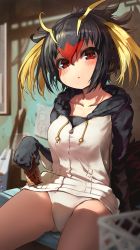 Rule 34 | 1girl, absurdres, black hair, blonde hair, blush, can, closed mouth, collarbone, commentary, dot mouth, drawstring, highres, holding, holding can, hood, hood down, hoodie, kemono friends, looking at viewer, melaton, multicolored hair, red eyes, red hair, rockhopper penguin (kemono friends), short hair, sitting, solo, tail
