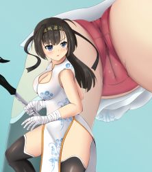 Rule 34 | 10s, 1girl, akizuki (kancolle), alternate costume, bad id, bad pixiv id, bandaged hand, bandages, black hair, black thighhighs, blue background, blue eyes, blush, breasts, cameltoe, china dress, chinese clothes, cleavage, cleavage cutout, clothing cutout, dress, floral print, hachimaki, headband, highres, kantai collection, large breasts, long hair, looking to the side, mtu virus, multiple views, panties, pantyshot, polearm, ponytail, red panties, side slit, spear, thighhighs, tomohiro (duo), underwear, weapon, wrist wrap, zoom layer