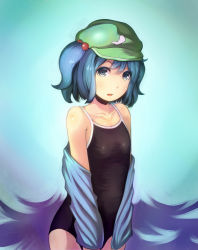 Rule 34 | 1girl, black one-piece swimsuit, blue eyes, blue hair, competition school swimsuit, hair bobbles, hair ornament, hat, kawashiro nitori, long sleeves, matching hair/eyes, minarai shachou, one-piece swimsuit, open mouth, school swimsuit, shirt, short hair, solo, swimsuit, touhou, twintails, two side up