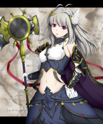 Rule 34 | 1girl, armor, axe, bare shoulders, bracer, cape, earrings, faulds, hair ornament, halcyon, hand on own hip, harlem heart, helmet, highres, hip focus, jewelry, long hair, midriff, original, parted lips, red eyes, silver hair, solo, weapon, winged helmet