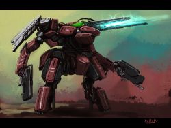 Rule 34 | artist name, bottoms1237, dual wielding, electricity, energy, glowing, gun, highres, holding, holding gun, holding weapon, looking up, magnetic weapon, mecha, no humans, original, railgun, robot, shoulder cannon, solo, visor, weapon