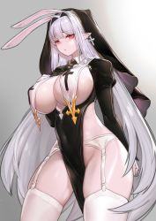 Rule 34 | 1girl, animal ears, breasts, cleavage, commission, contrapposto, covered navel, cowboy shot, earrings, garter belt, grey background, grey hair, habit, hair intakes, hand on own chest, highres, huge breasts, jewelry, juliet sleeves, kerinyan, long hair, long sleeves, looking at viewer, nun, original, parted lips, pelvic curtain, pointy ears, puffy sleeves, rabbit ears, red eyes, revealing clothes, second-party source, shiny skin, sidelocks, simple background, siro rabii, solo, thighhighs, thighs, very long hair, white thighhighs