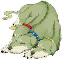 Rule 34 | animal, cerberus, collar, dog, closed eyes, murata (pixiv49763), no humans, original, sleeping, snake, spine