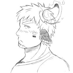 Rule 34 | 1boy, absurdres, animal ears, bara, blush, cow boy, cow ears, cow horns, facepaint, facial hair, fiery horns, forked eyebrows, from side, glowing horns, goatee, greyscale, highres, horns, looking at viewer, male focus, monochrome, portrait, short hair, solo, tatatan (ts kon2), thick eyebrows, tokyo houkago summoners, upper body, wakan tanka