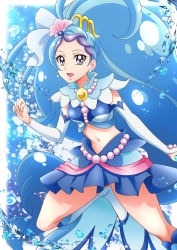 Rule 34 | 1girl, :d, absurdly long hair, air bubble, blue eyes, blue hair, blue shirt, blue skirt, boots, breasts, bubble, commentary request, cowboy shot, crop top, cure mermaid, detached sleeves, earrings, gluteal fold, go! princess precure, hand up, hanzou, highres, jewelry, knee boots, long hair, looking at viewer, magical girl, medium breasts, midriff, multicolored hair, navel, necklace, open mouth, parted bangs, pearl necklace, precure, purple hair, shell, shell earrings, shirt, sidelocks, skirt, sleeveless, sleeveless shirt, smile, solo, standing, standing on one leg, streaked hair, two-tone hair, very long hair, water, white footwear, white sleeves