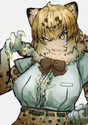 Rule 34 | 1girl, absurdres, adeshi (adeshi0693119), angry, animal ears, animal print, belt, blonde hair, bow, bowtie, breast pocket, breasts, brown bow, brown bowtie, brown hair, center frills, clenched hand, colored inner hair, elbow gloves, energy, fangs, fingernails, frills, fur scarf, gloves, hair between eyes, half-closed eye, hand up, head tilt, high-waist skirt, highres, huge breasts, jaguar (kemono friends), jaguar ears, jaguar print, kemono friends, looking at viewer, medium hair, multicolored hair, open mouth, pocket, print gloves, print skirt, raised eyebrow, ringed eyes, scarf, sharp fingernails, shirt, short sleeves, simple background, skirt, solo, taut clothes, taut shirt, upper body, v-shaped eyebrows, white background, white shirt, yellow eyes