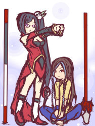 Rule 34 | 1boy, 1girl, arc system works, bare shoulders, black hair, blazblue, blazblue: calamity trigger, blue hair, boots, braid, breasts, brown hair, butterfly sitting, chibi, china dress, chinese clothes, cleavage, dress, front braid, frown, glasses, hair over shoulder, lao jiu, litchi faye ling, long hair, long sleeves, looking at viewer, multicolored hair, mumu (spitfire), nono (spitfire), outstretched arms, purple eyes, red eyes, shion (kof), side ponytail, sitting, staff, standing, stretching, the king of fighters, trap, twin braids, two-tone hair, very long hair