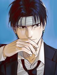 Rule 34 | 1boy, aqua background, bandaged head, bandages, black eyes, black hair, black suit, c00w6, chrollo lucilfer, earrings, formal, highres, hunter x hunter, jewelry, long sleeves, looking to the side, male focus, necktie, shirt, short hair, simple background, solo, suit, upper body, white shirt