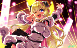 Rule 34 | 1girl, ;d, absurdres, ahoge, animal ears, arm up, belt pouch, black skirt, blonde hair, bow, bowtie, braid, breasts, brooch, buru-dai, buttons, cape, chest strap, commentary request, contrapposto, dancing, detached sleeves, dress, fur-trimmed cape, fur-trimmed dress, fur-trimmed sleeves, fur trim, hair ornament, hairclip, half updo, highres, hololive, horns, jewelry, large breasts, long hair, miniskirt, o-ring, one eye closed, open mouth, pink cape, pleated skirt, pouch, purple eyes, red bow, red bowtie, sheep ears, sheep girl, sheep horns, short dress, signature, skirt, sleeveless, sleeveless dress, smile, solo, stage, tsunomaki watame, tsunomaki watame (1st costume), two-sided cape, two-sided fabric, underbust, very long hair, virtual youtuber, white dress