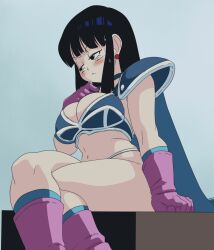 Rule 34 | 1girl, absurdres, armor, bikini armor, black hair, blue cape, blunt bangs, blush, breasts, cape, chi-chi (dragon ball), cleavage, commentary, crossed legs, dragon ball, earrings, english commentary, eyelashes, gloves, hand on own chest, highres, inker comics, jewelry, large breasts, long hair, navel, official style, purple footwear, purple gloves, sitting, solo, sweat, toriyama akira (style), wavy mouth