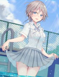 Rule 34 | 1girl, :d, anastasia (idolmaster), blue bow, blue bowtie, blue eyes, blue sky, blush, bow, bowtie, bralines, breast pocket, clothes lift, cloud, day, fence, grey hair, grey skirt, hair between eyes, highres, idolmaster, idolmaster cinderella girls, looking at viewer, open mouth, outdoors, pleated skirt, pocket, pool, pool ladder, rum raisin (chihiromakita19), school uniform, see-through, shirt, short hair, short sleeves, skirt, skirt lift, sky, smile, solo, teeth, upper teeth only, wading, water, water drop, wet, wet clothes, wet shirt, wet skirt, white shirt