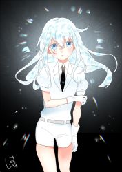 Rule 34 | 1girl, arm grab, belt, black background, black necktie, blue eyes, blush, closed mouth, collared shirt, commentary request, cowboy shot, crystal hair, diamond (houseki no kuni), expressionless, gem uniform (houseki no kuni), gloves, glowing, glowing hair, hair between eyes, hatu xxgoukan, hibiki (kancolle), houseki no kuni, kantai collection, long hair, looking at viewer, multicolored hair, necktie, parody, puffy short sleeves, puffy sleeves, shirt, short sleeves, shorts, signature, solo, translation request, verniy (kancolle), white gloves, white shirt, white shorts