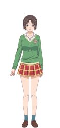 1girl :| ankle_socks aqua_socks arm_at_side brown_footwear brown_hair cheek_blush closed_mouth collarbone collared_shirt curtained_hair dress_shirt expressionless full_body green_eyes green_sweater highres kuroiwa_medaka_ni_watashi_no_kawaii_ga_tsuujinai legs_apart loafers long_sleeves looking_at_viewer miniskirt official_art open_collar parted_bangs plaid_clothes plaid_skirt pleated_skirt red_skirt school_emblem school_uniform shirt shirt_under_sweater shoes short_hair shounan_asahi skirt socks solo standing sweater tachi-e transparent_background v-neck white_shirt