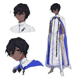 Rule 34 | 1boy, ?, absurdres, arjuna (fate), black eyes, black hair, blue cape, cape, closed eyes, closed mouth, dark-skinned male, dark skin, fate/grand order, fate (series), hair between eyes, highres, kaigan0211, looking at viewer, male focus, multiple views, pants, shirt, short hair, simple background, smile, solo focus, tabard, two-sided cape, two-sided fabric, white background, white cape, white footwear, white pants, white shirt