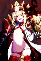 Rule 34 | 1girl, ahoge, bikini, blonde hair, braid, breasts, chalice, criss-cross halter, crown, cup, dragon claw, dragon tail, elbow gloves, facial mark, fate/grand order, fate/grand order arcade, fate (series), french braid, gloves, hair bun, hair intakes, hair ribbon, halterneck, highres, long hair, looking at viewer, mightyjump98, navel, nero claudius (fate), nero claudius (fate) (all), open clothes, open mouth, queen draco (fate), queen draco (second ascension) (fate), red bikini, red eyes, red ribbon, ribbon, robe, scales, small breasts, smile, solo, swimsuit, tail, thighs, white gloves, white robe