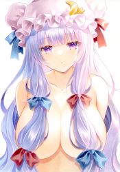 Rule 34 | 1girl, blue bow, blue ribbon, bow, breasts, cleavage, crescent, crescent hat ornament, hair bow, hair censor, hair over breasts, hat, hat ornament, highres, huge breasts, large breasts, long hair, looking at viewer, mob cap, nude, patchouli knowledge, purple eyes, purple hair, red bow, ribbon, sidelocks, simple background, solo, touhou, traditional media, upper body, white background, y na1211