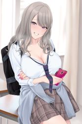 Rule 34 | 1girl, bag, blue neckwear, breasts, cellphone, cleavage, collared shirt, curtains, desk, grey eyes, grey hair, holding, holding phone, jjanda, large breasts, leaning back, long hair, loose necktie, nail polish, necktie, original, phone, pink nails, plaid, plaid skirt, school bag, school desk, school uniform, shirt, skirt, sleeves rolled up, smartphone, smile, white shirt, window
